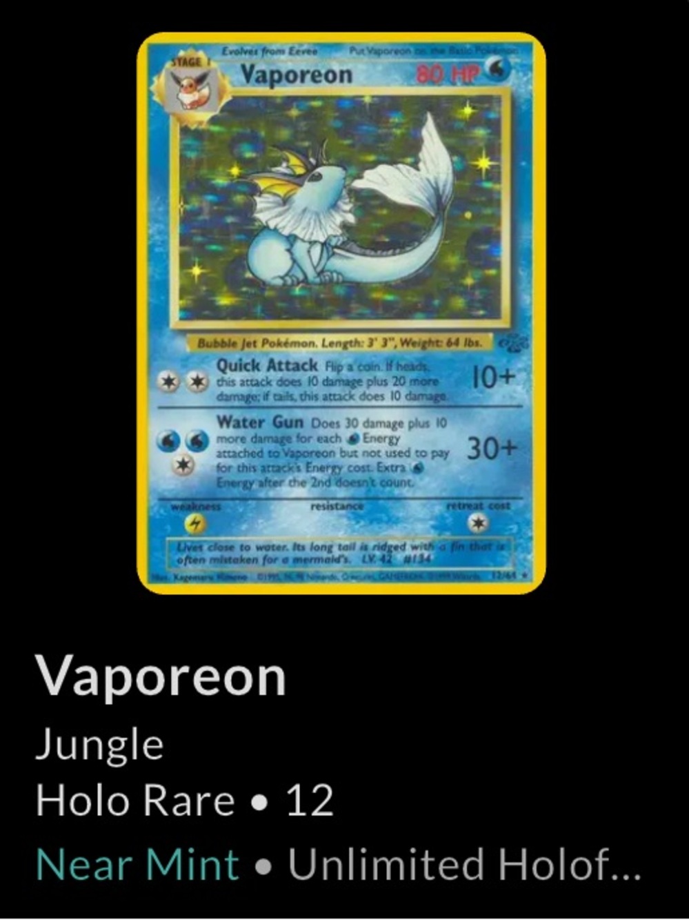 Pokémon Vaporeon Jungle Holo Rare 12 Unlimited Holofoil